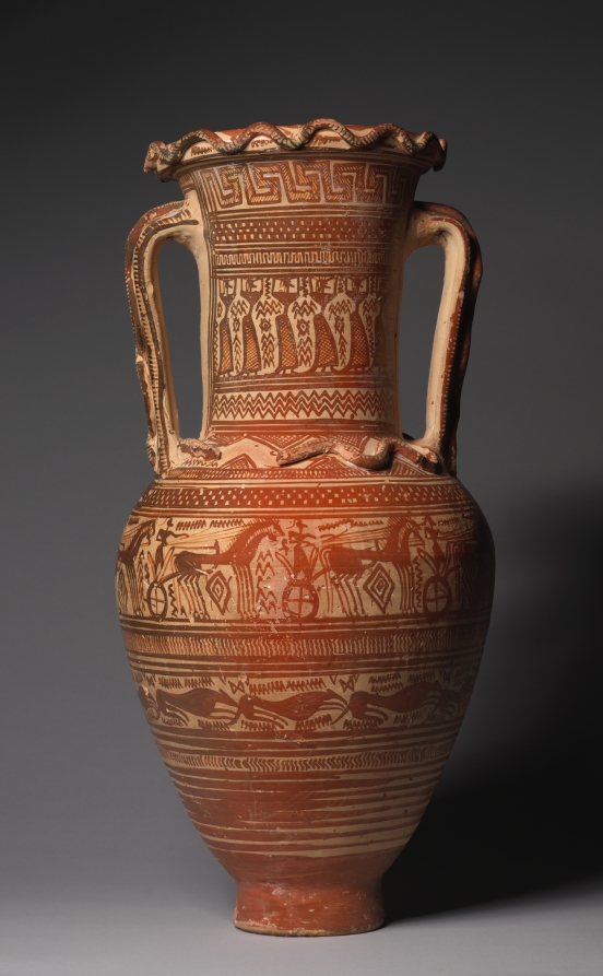 Geometrische Amphora mit Trauernden und Wagen